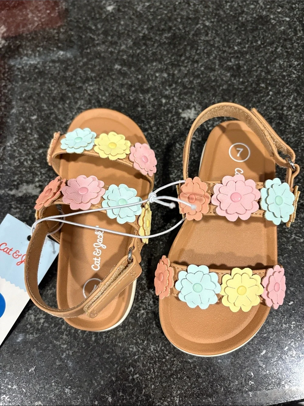 Cat & Jack Tan Sandals with Pink and Yellow Flower Accents